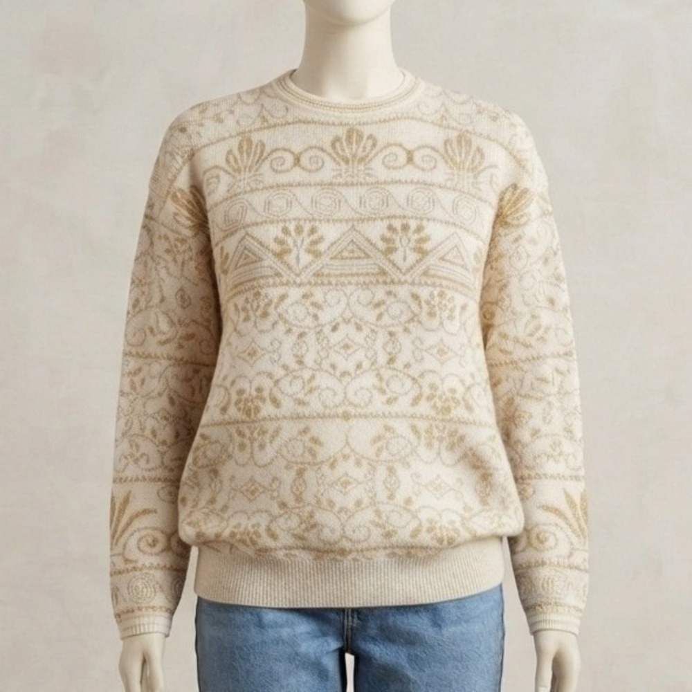 Vintage 80s Grandmacore Bentley Woman Gold Knit Sweater Geometric 22W 3XL